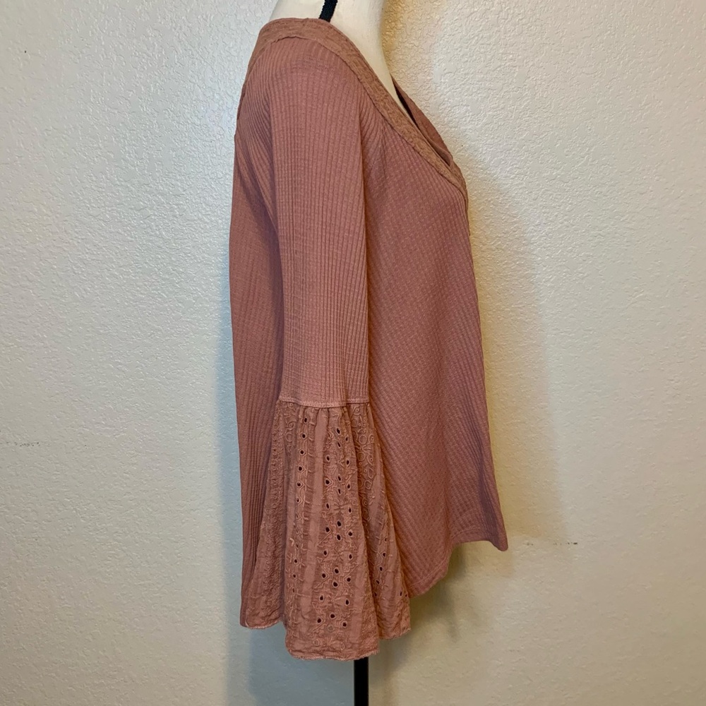Free People Parisian Nights Long Bell Sleeve Eyelet Top Rose Brown Size Medium - Picture 12 of 15